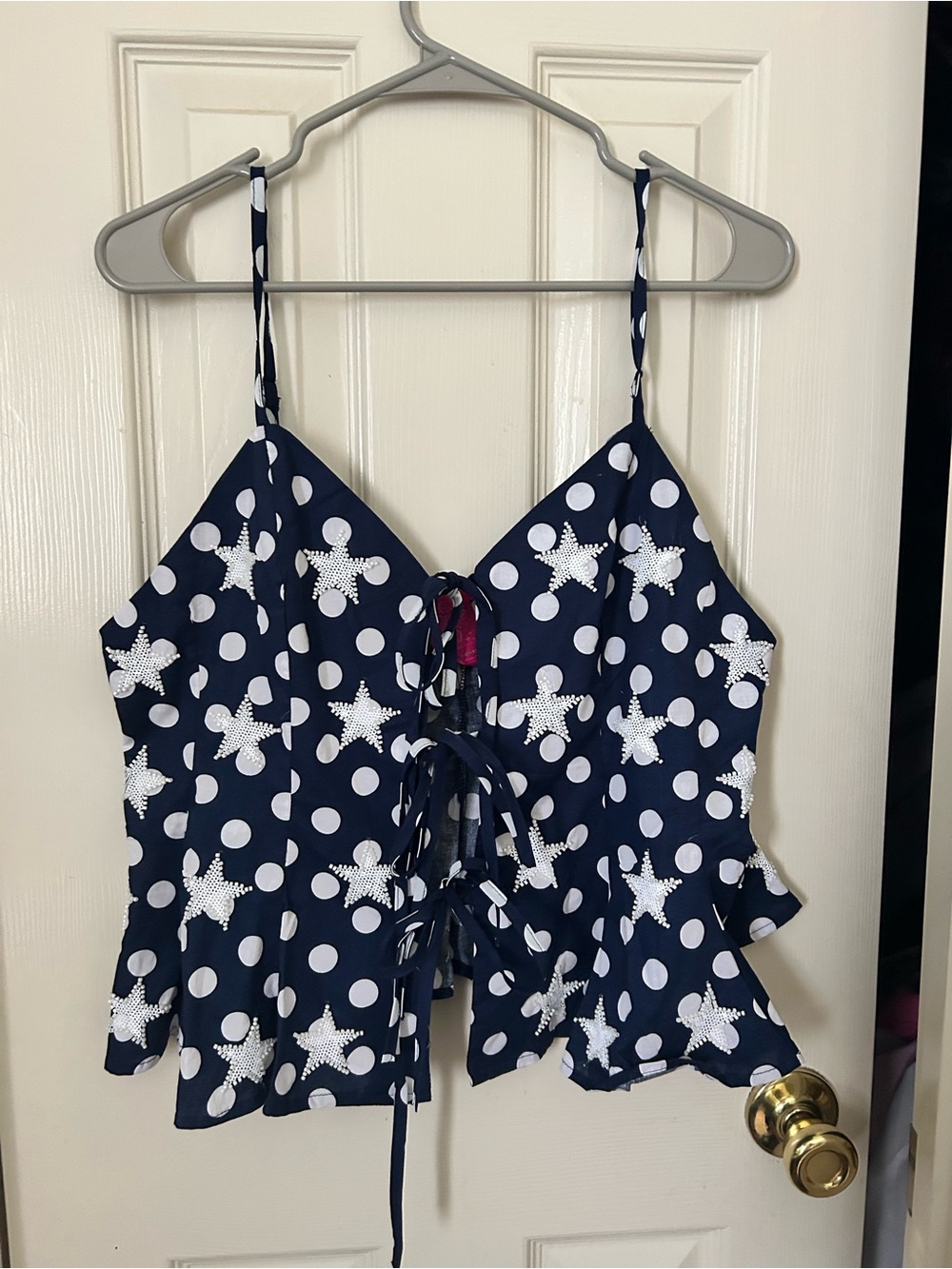 QUEEN OF SPARKLES Navy and White Star & Polka Dot Lace-Up Cami